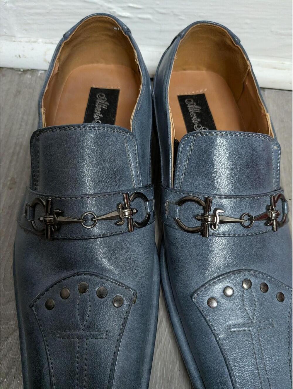 Alberto Fellini Shoes Mens Size 6.5 Blue Slip On Studded Cross Dress Oxford - Picture 4 of 10